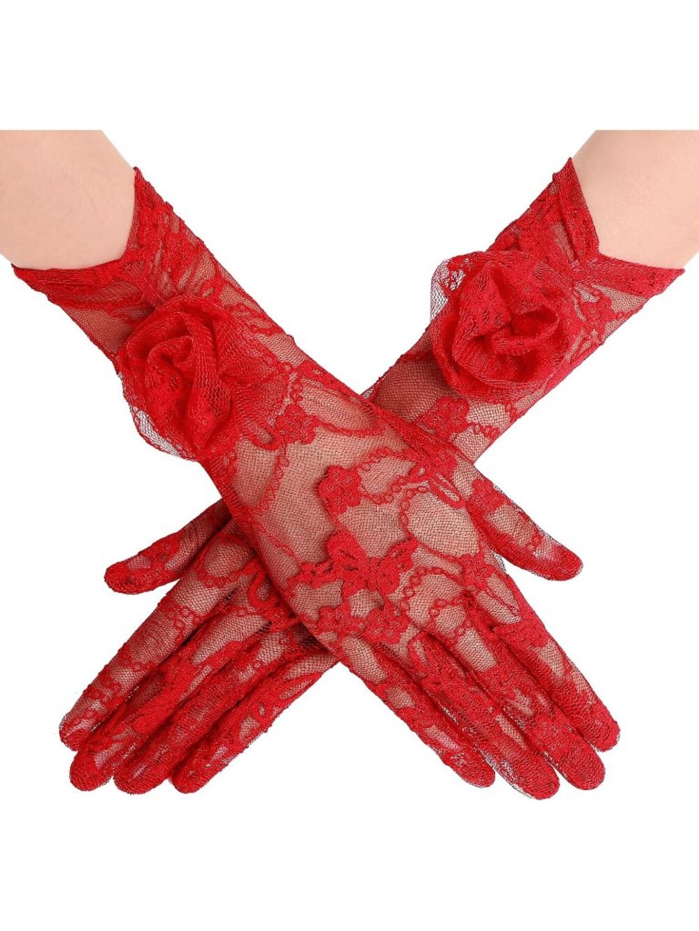 Women Red Lace Floral Tea Wedding Bridal Opera Costum Gloves with 3D Rose